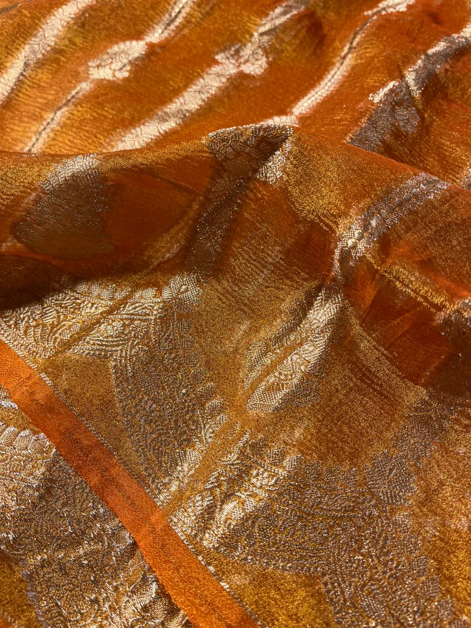 Rust Orange Crush Tissue Silk Banarasi Saree