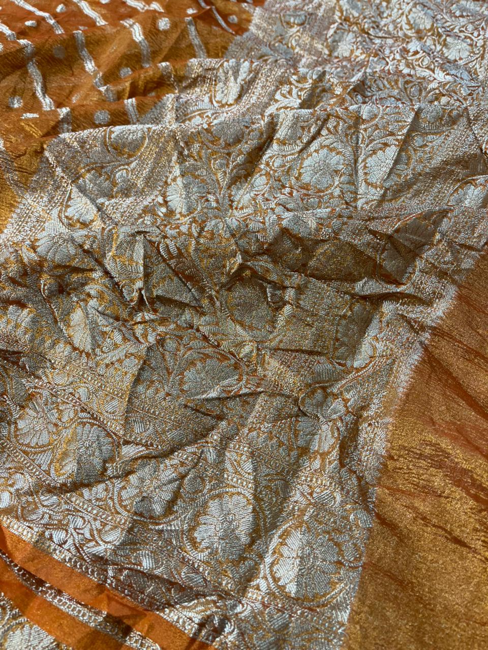 Rust Orange Crush Tissue Silk Banarasi Saree