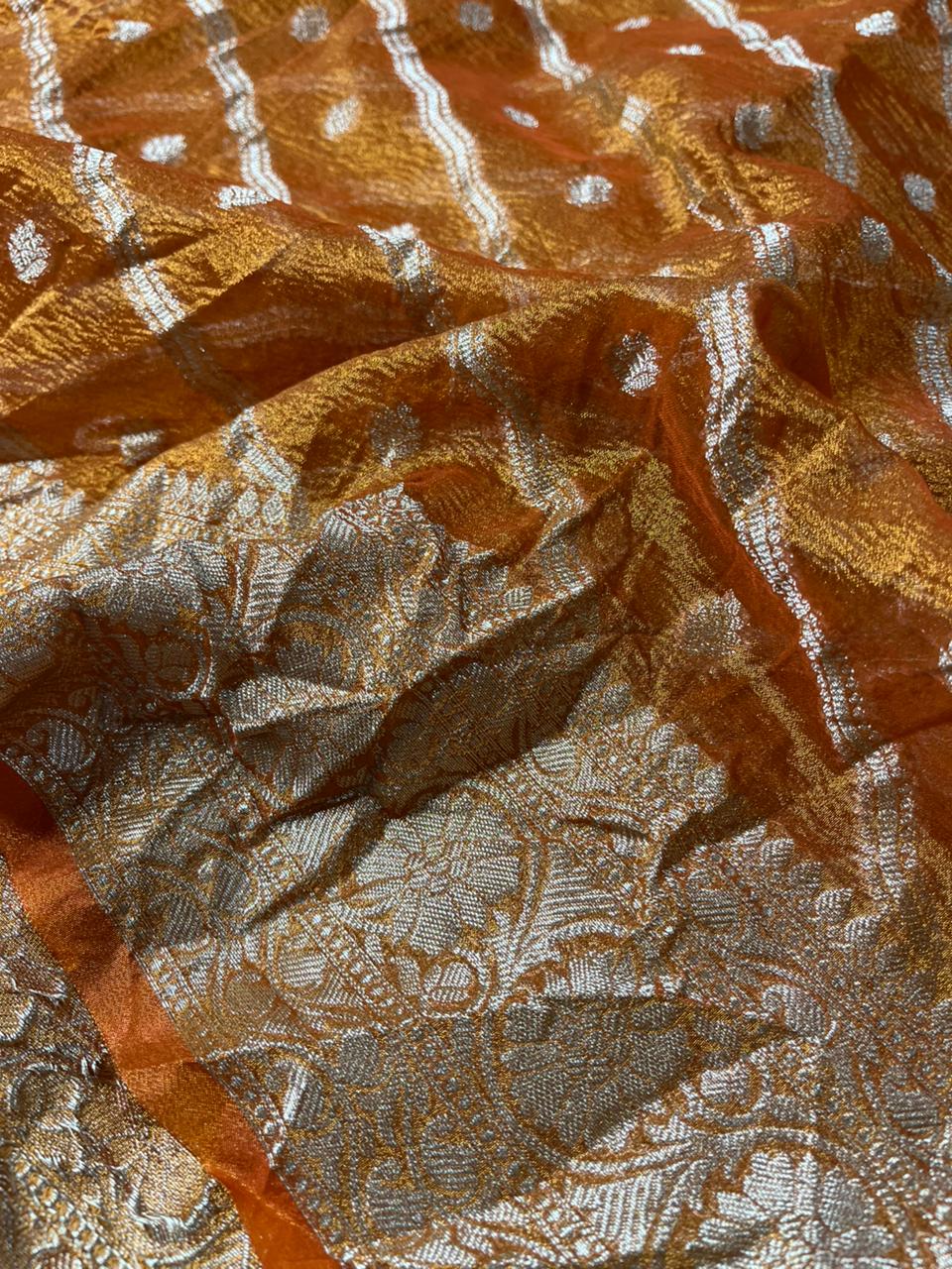 Rust Orange Crush Tissue Silk Banarasi Saree