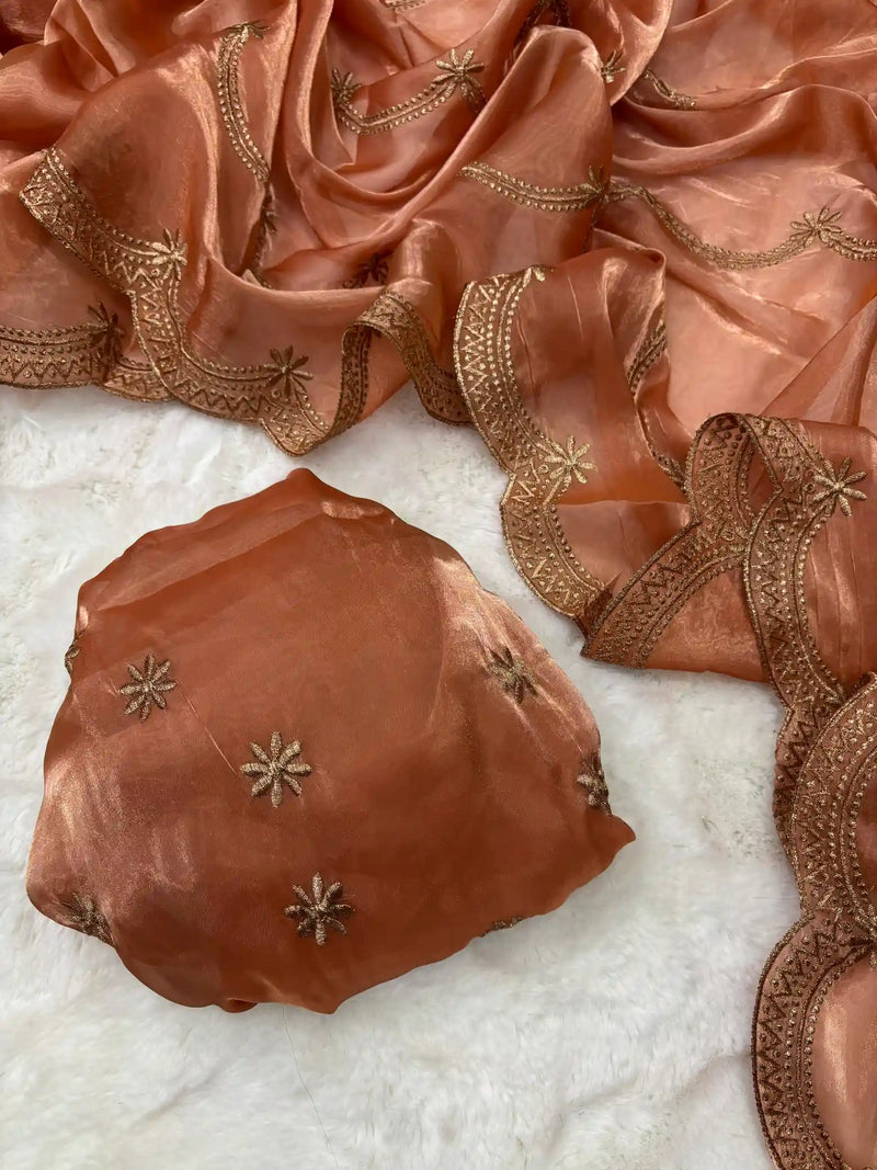 Rust Orange Shade Shimmery Tissue Silk Saree