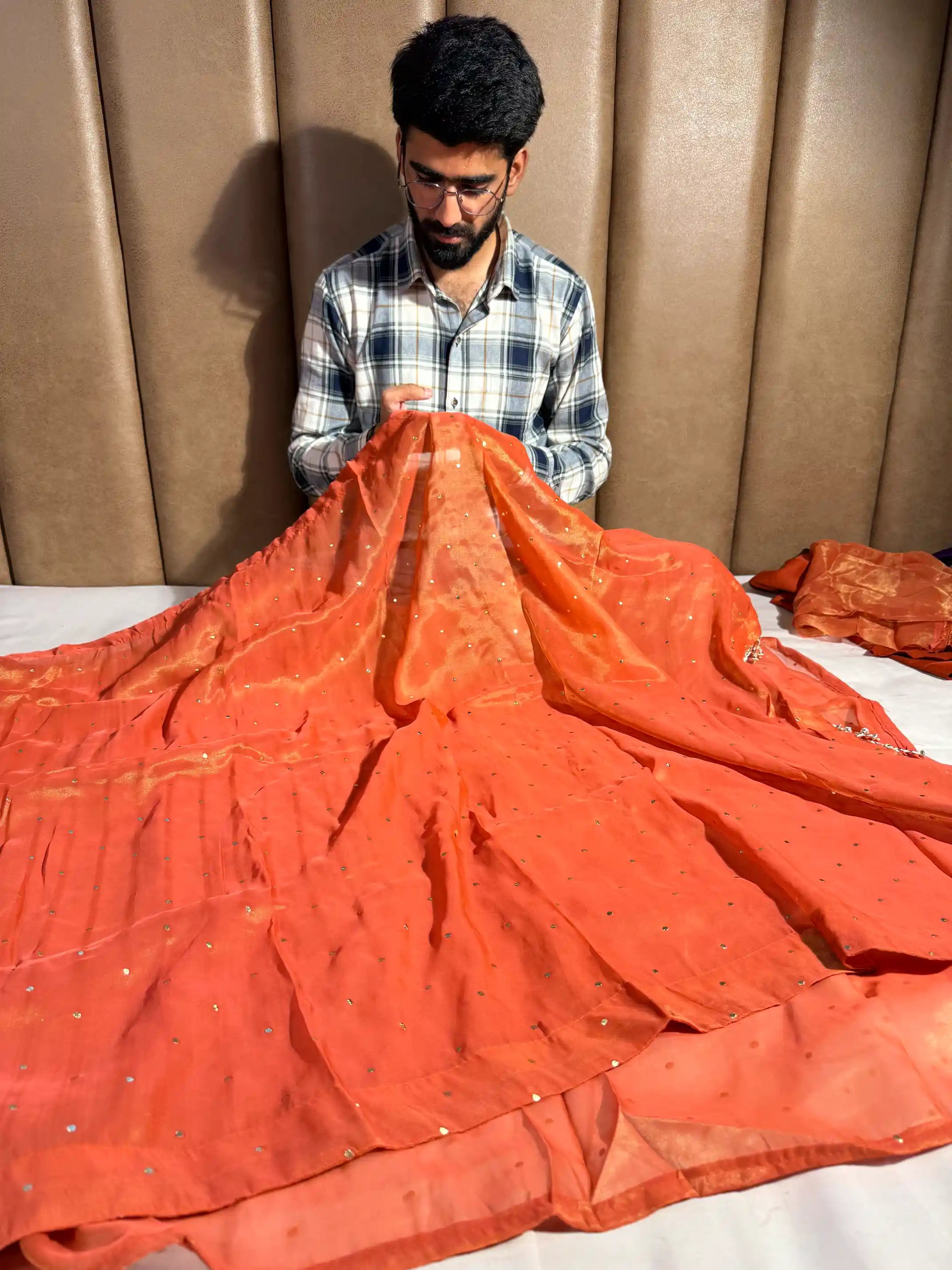 Rust Orange Shimmery Tissue Silk Designer Saree