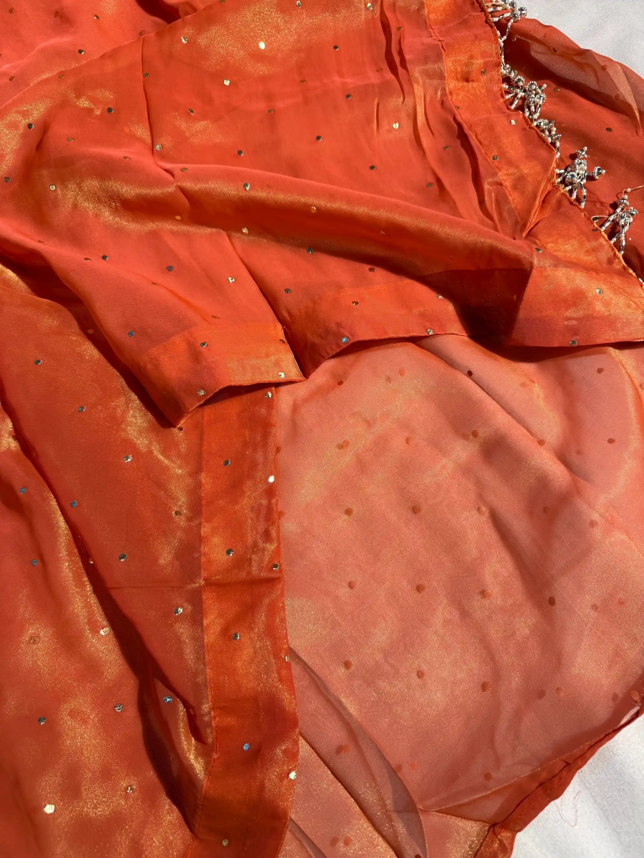 Rust Orange Shimmery Tissue Silk Designer Saree