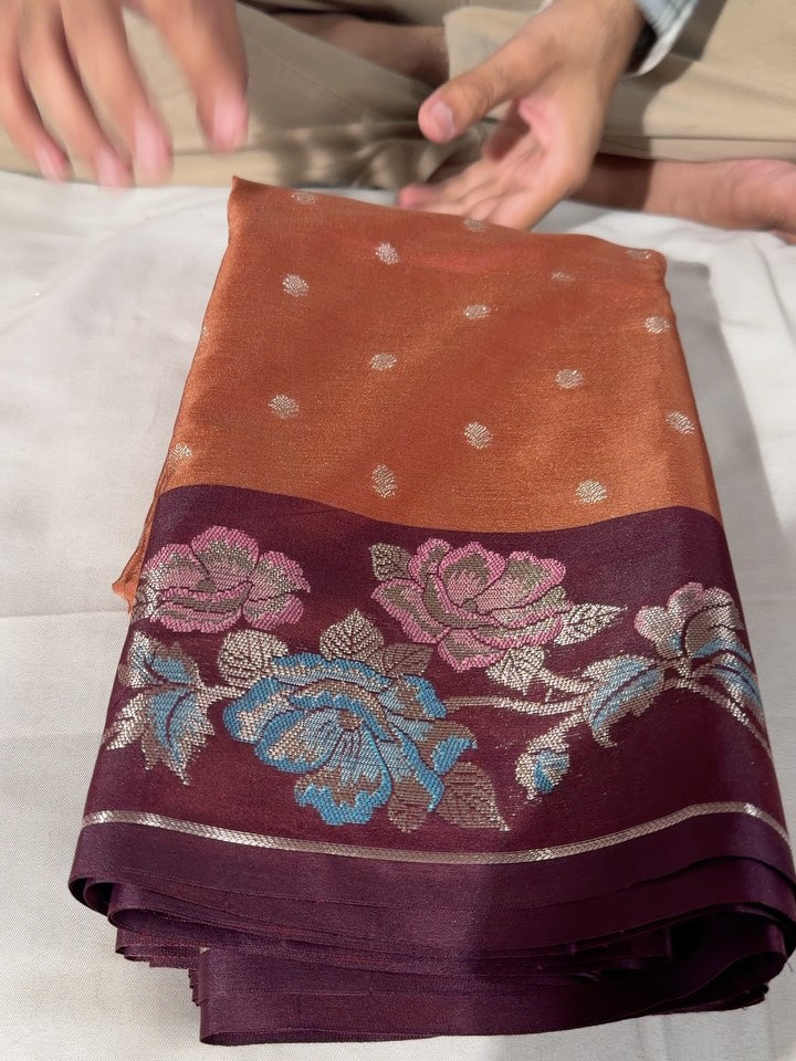 Rusted Coffee Shade Floral Jacquard Weave Banarasi Silk Saree