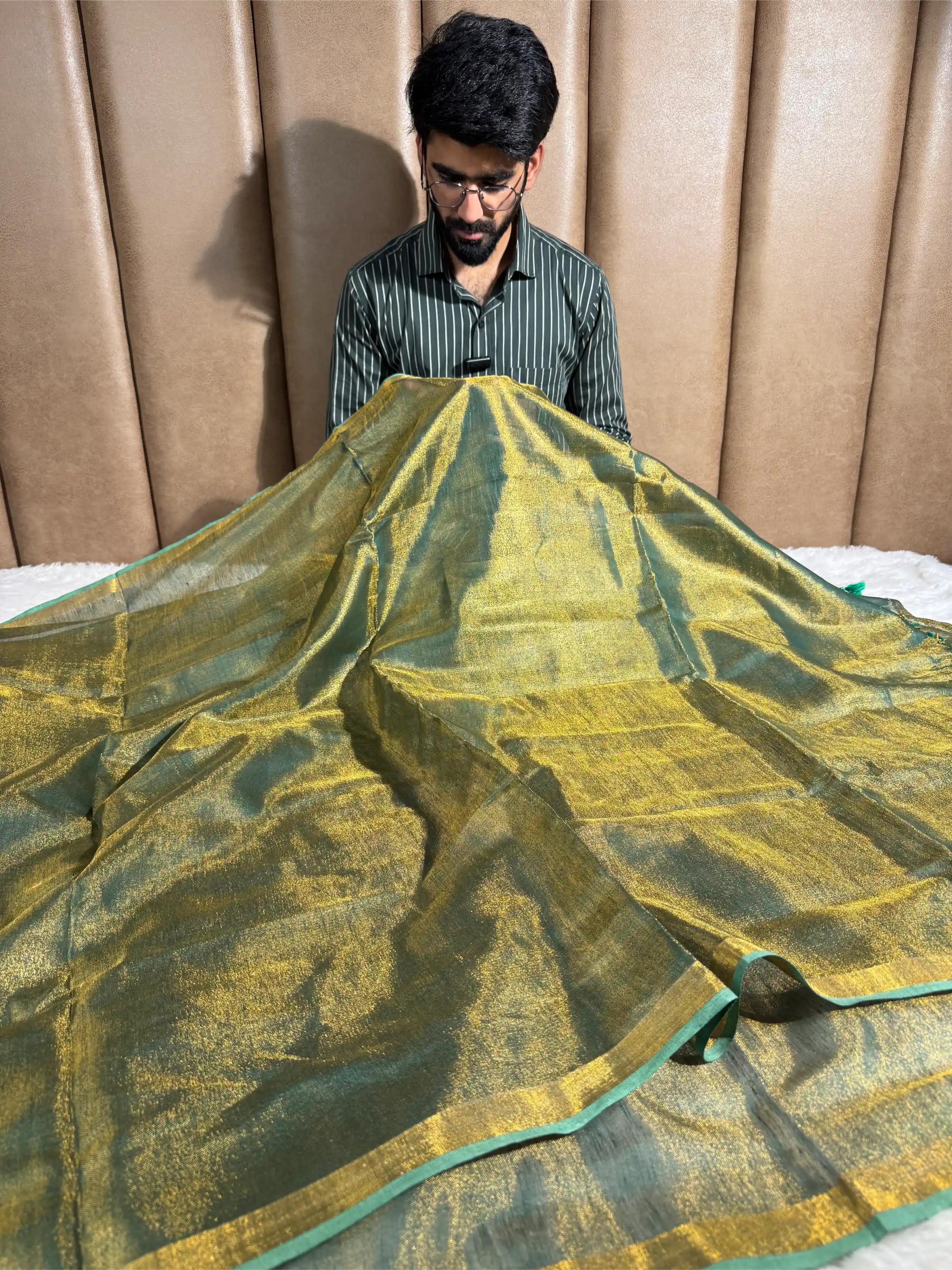 Rusted Green Linen Tissue Silk Banarasi Saree