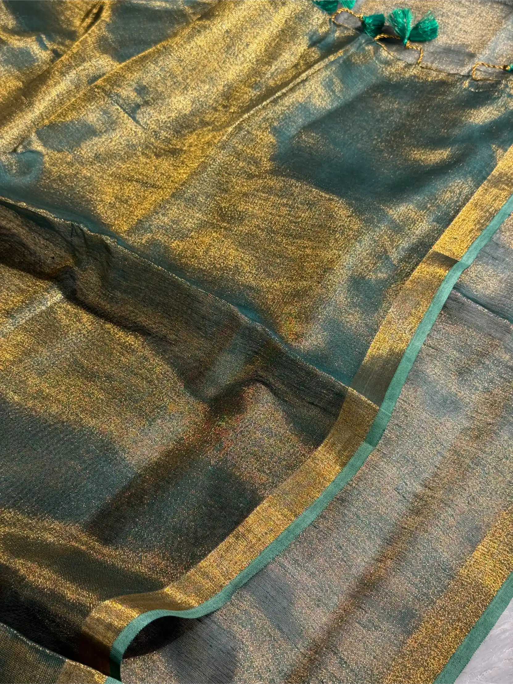 Rusted Green Linen Tissue Silk Banarasi Saree