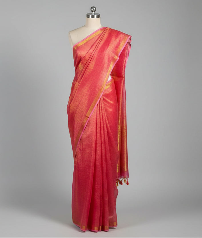 Rusted Pink Linen Tissue Silk Banarasi Saree