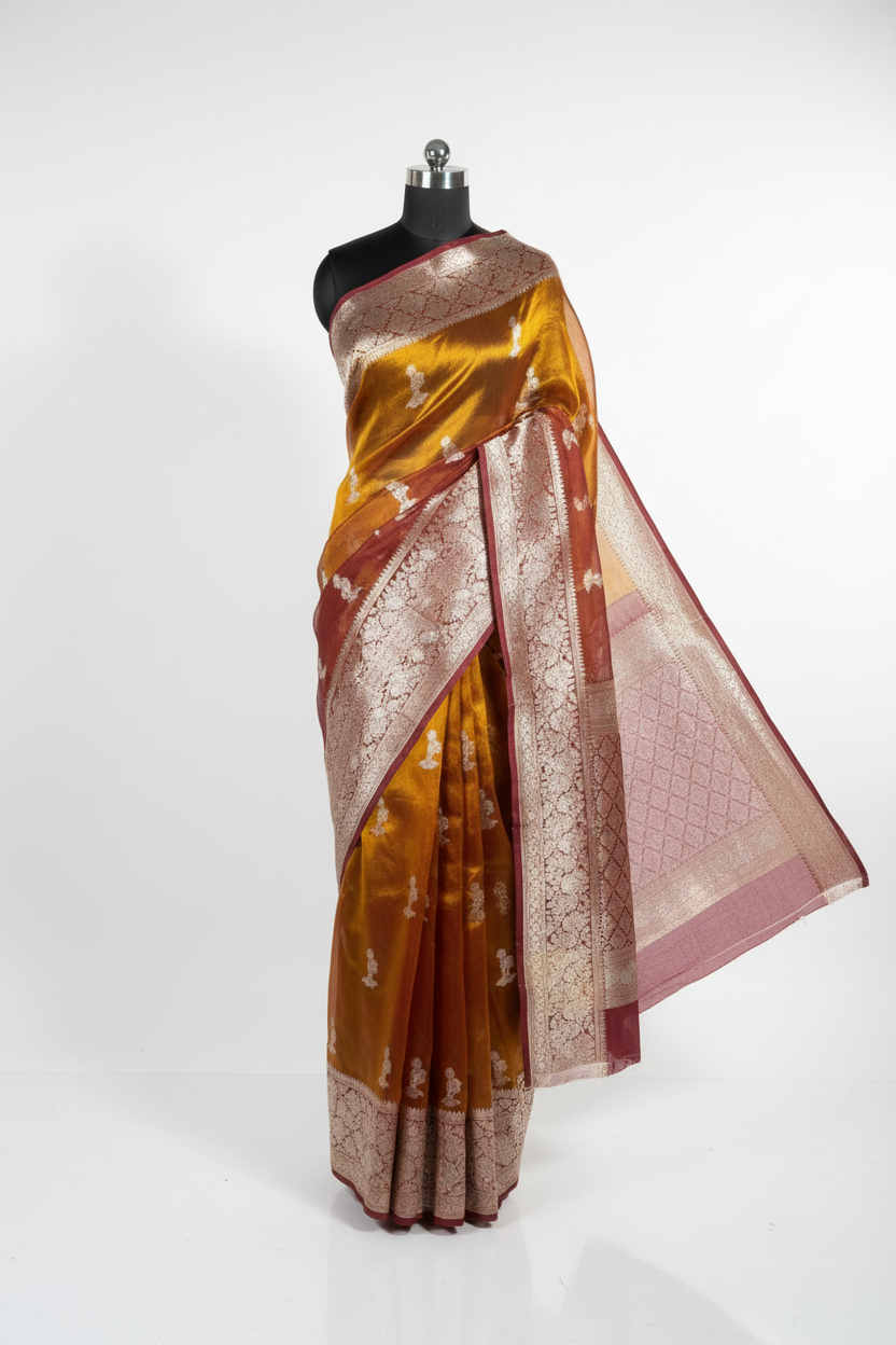 Rusted Mustard pure tissue silk Banarasi saree