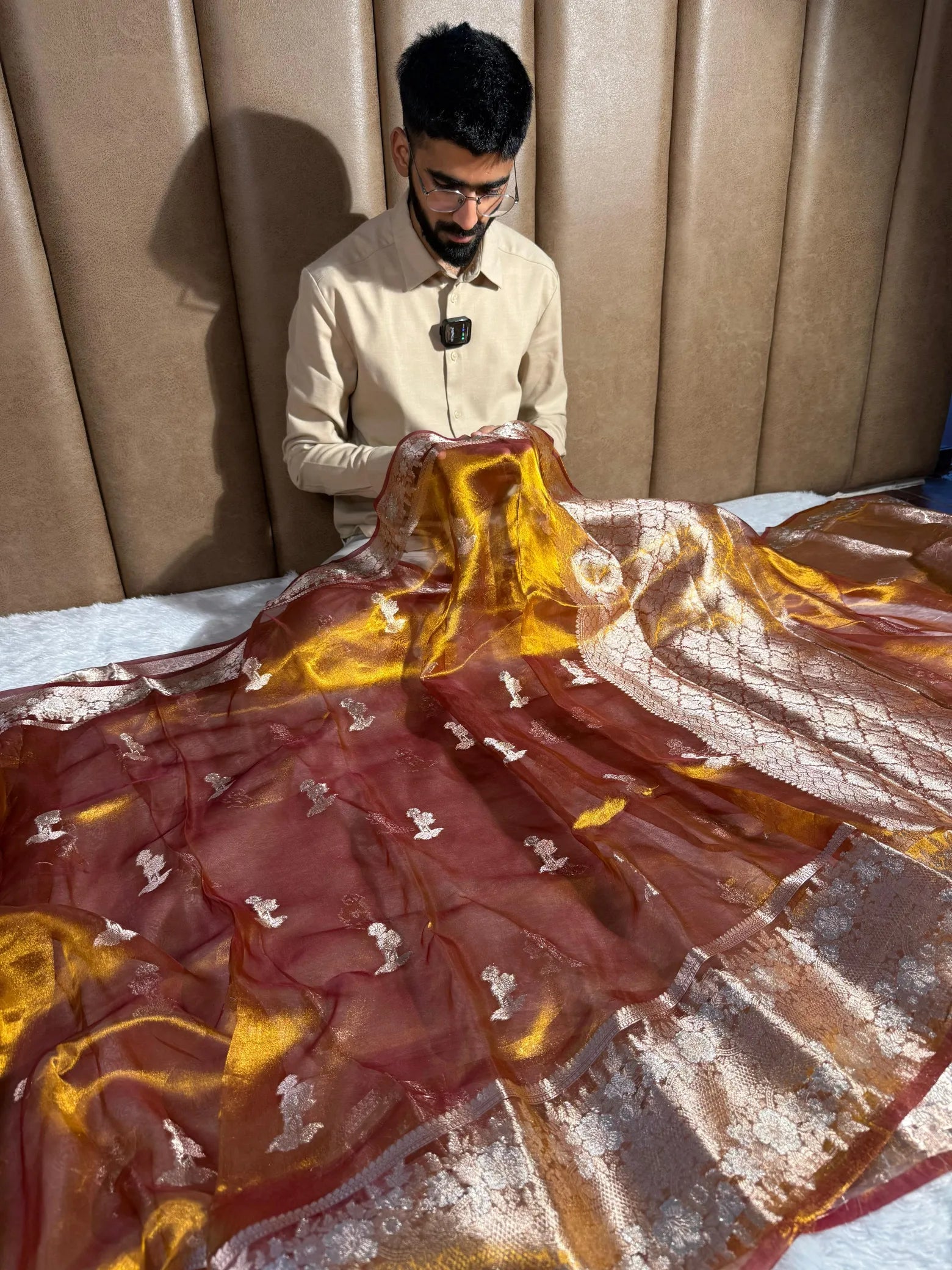 Rusted mustard pure tissue silk Banarasi saree