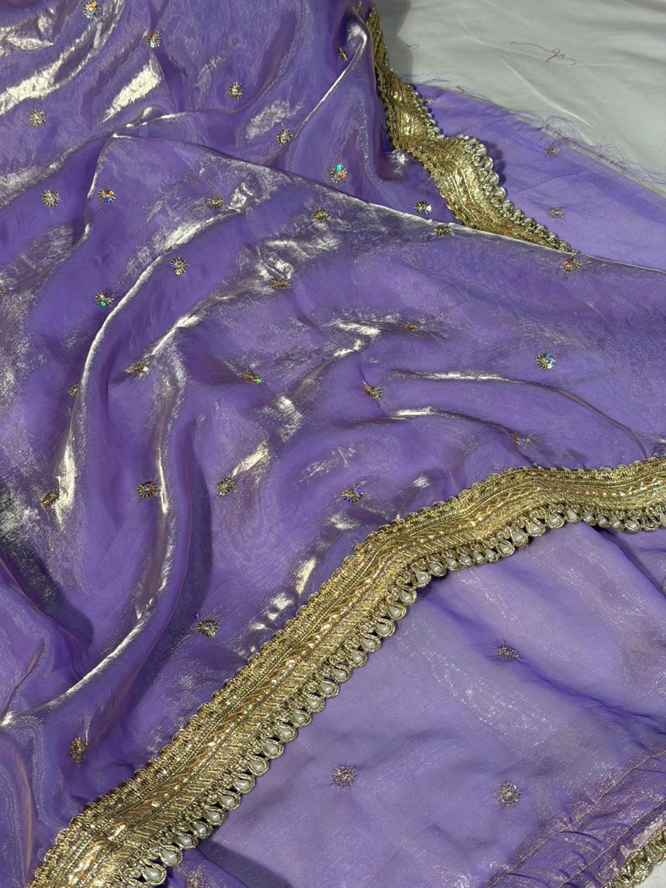 Lavender Shimmery Tissue Silk Embroidered Lace Work Saree