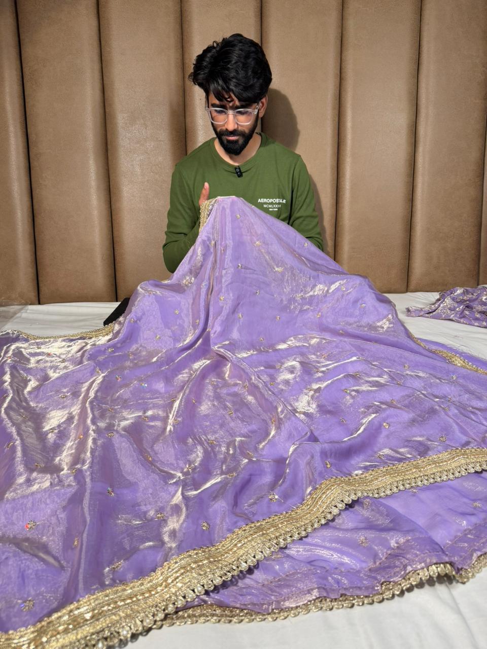 Lavender Shimmery Tissue Silk Embroidered Lace Work Saree