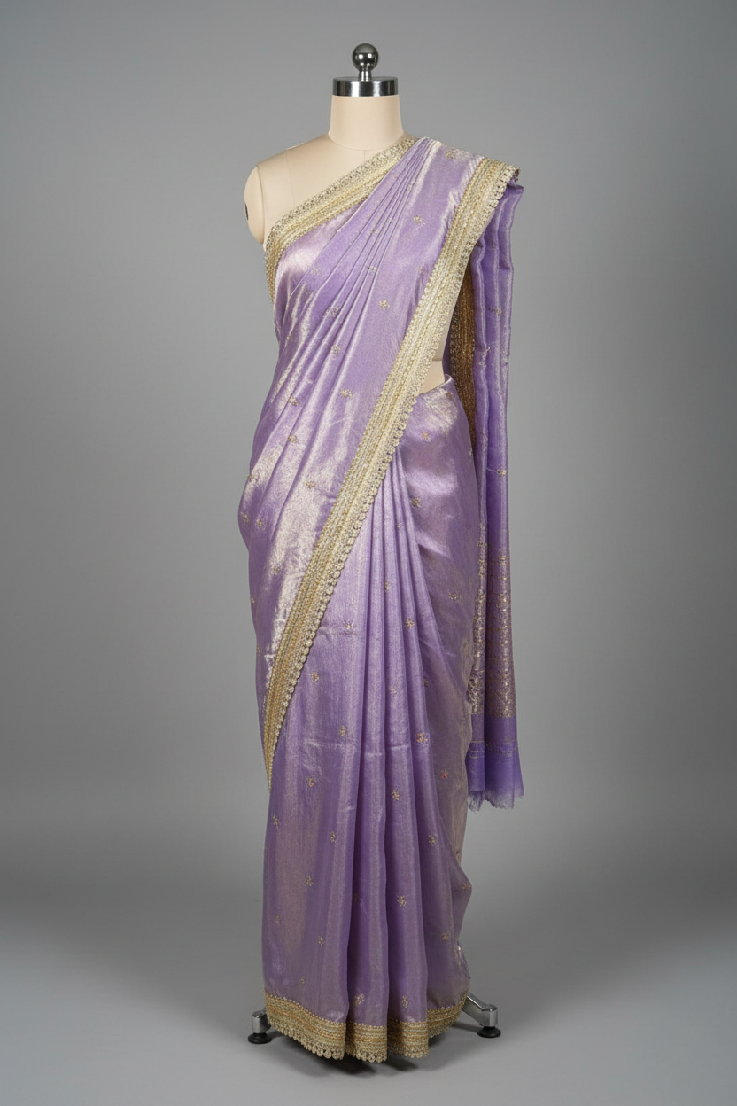 Lavender Shimmery Tissue Silk Embroidered Lace Work Saree