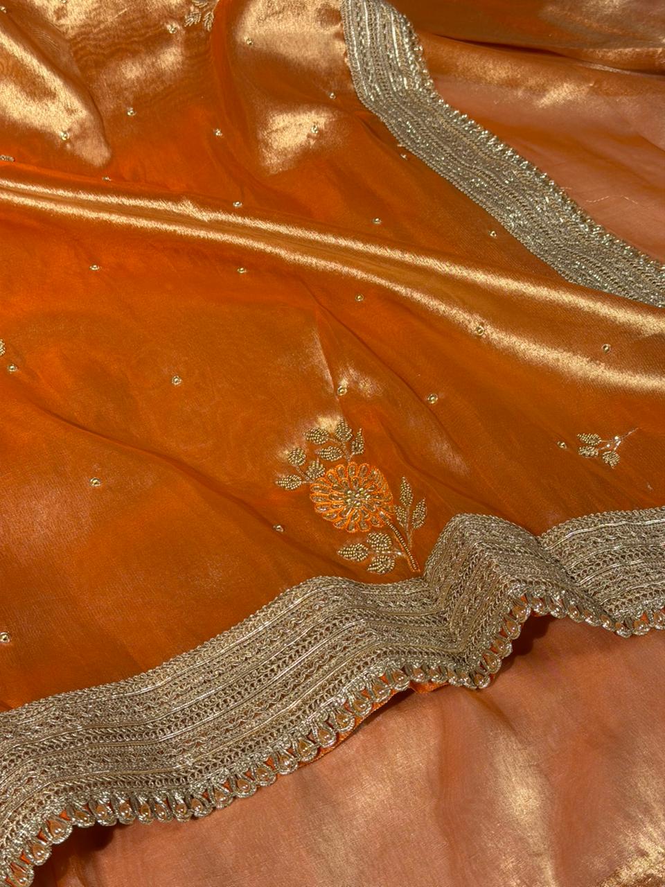 Metallic Orange Kora Tissue Silk Handwork Saree