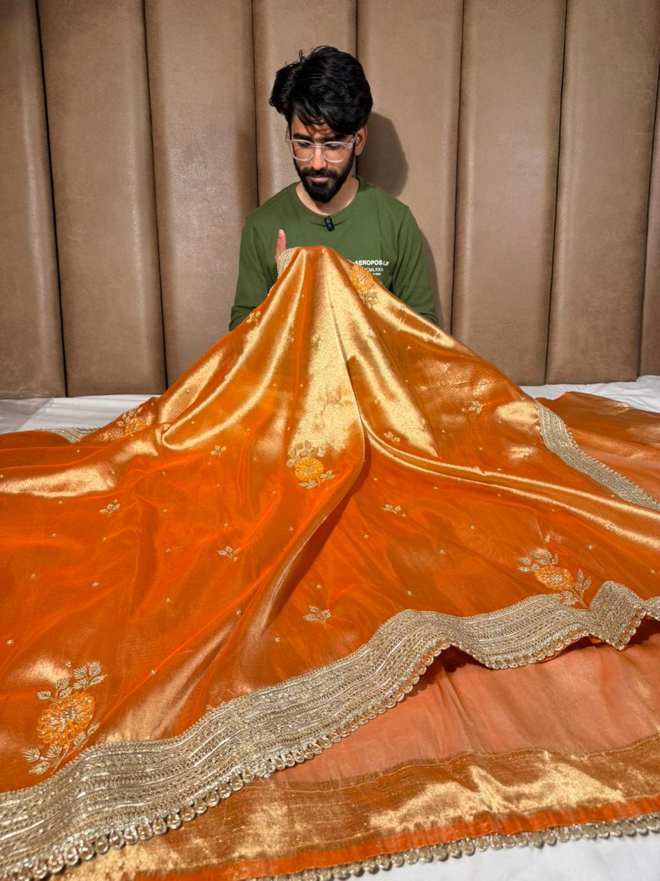 Metallic Orange Kora Tissue Silk Handwork Saree