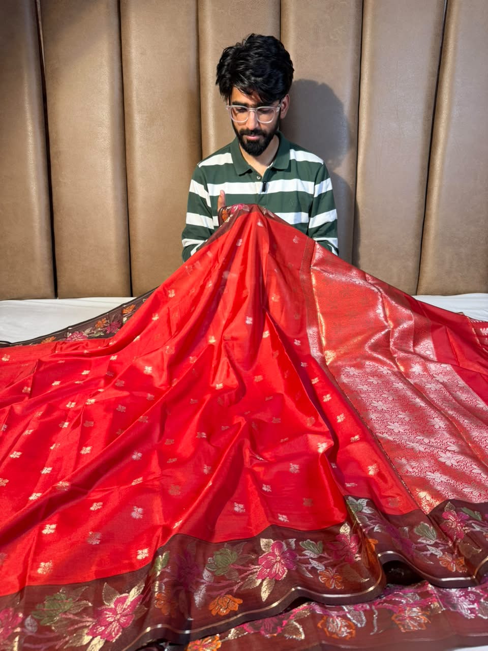 Bright Red Floral Weave Banarasi Silk Saree