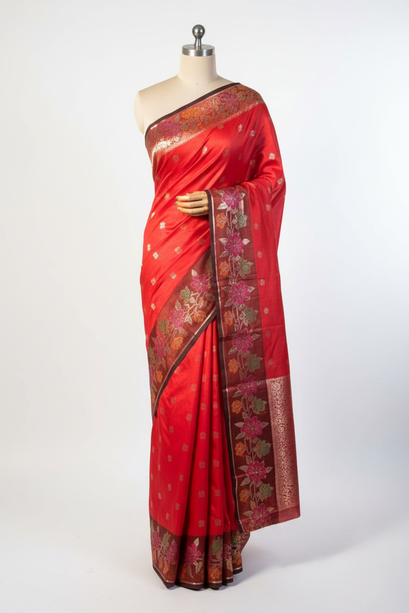 Bright Red Floral Weave Banarasi Silk Saree