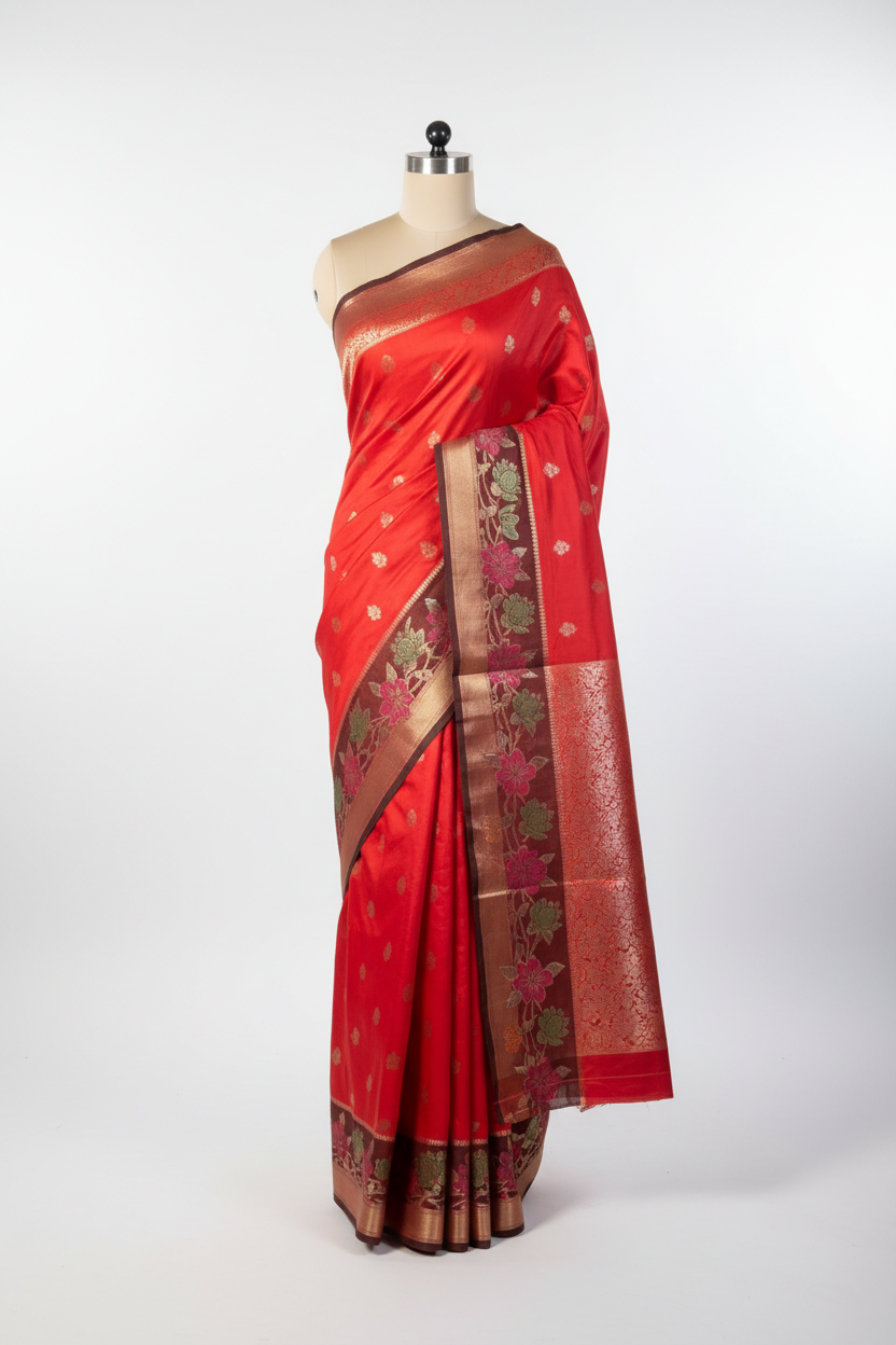 Bright Red Floral Weave Banarasi Silk Saree