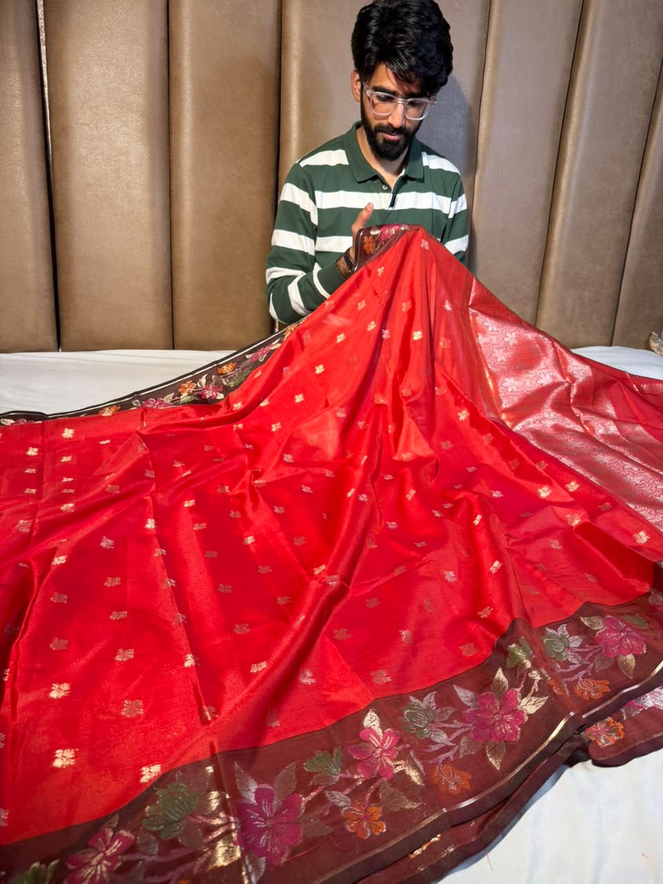 Bright Red Floral Weave Banarasi Silk Saree