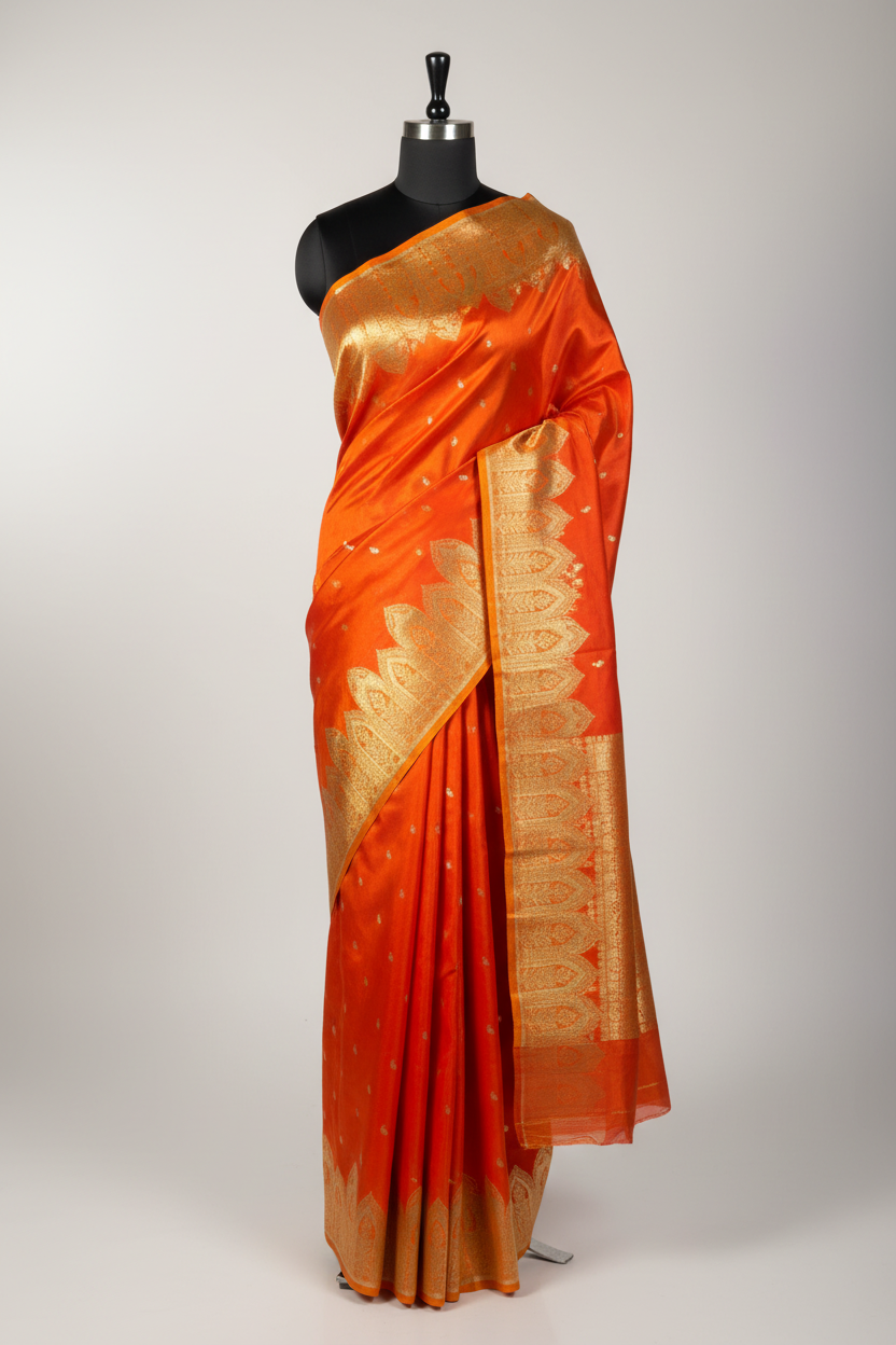 Bright Orange Satin Silk Beautiful Banarasi Saree