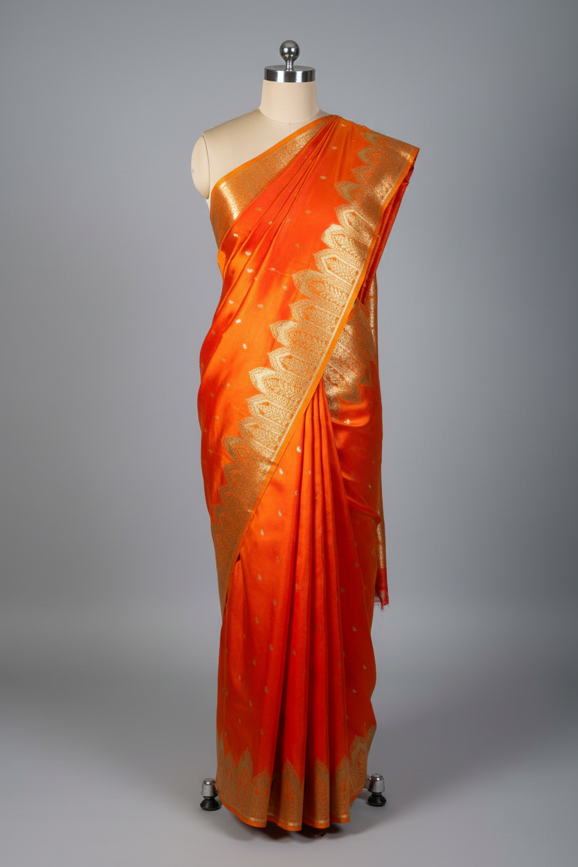 Bright Orange Satin Silk Beautiful Banarasi Saree