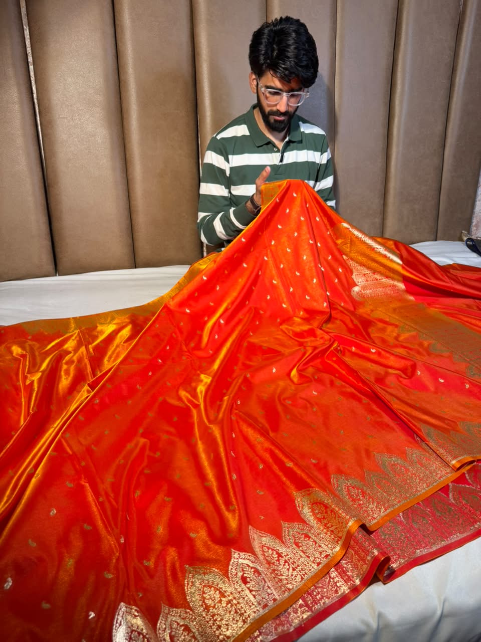 Bright Orange Satin Silk Beautiful Banarasi Saree