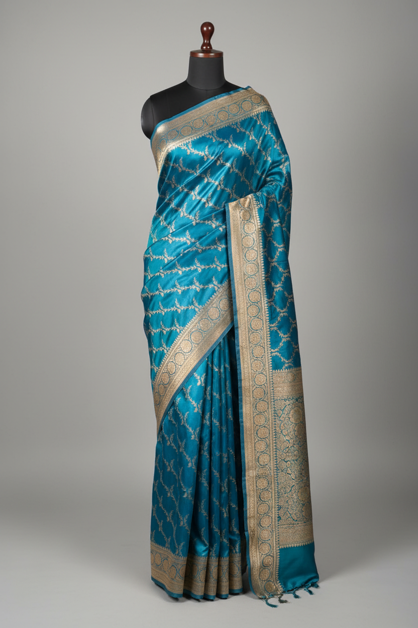 Dhoop Chaon Blue Satin Silk Beautiful Banarasi Saree
