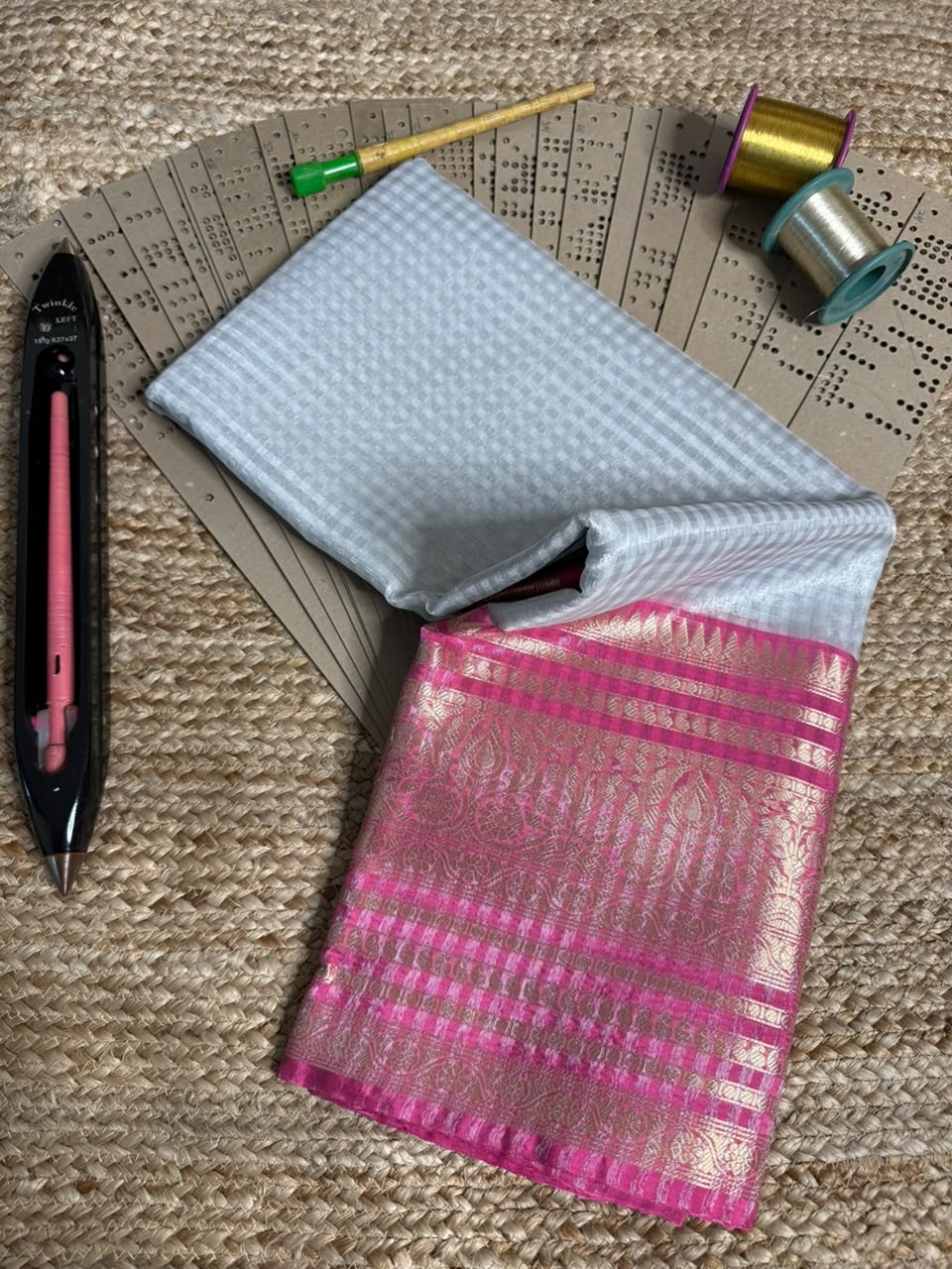 Silver Zari Checks Weave Tissue Banarasi Saree