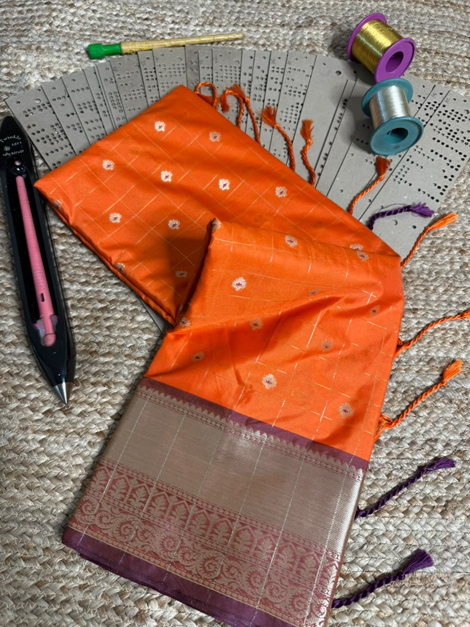 Bright Orange Check Buti Softsilk Saree