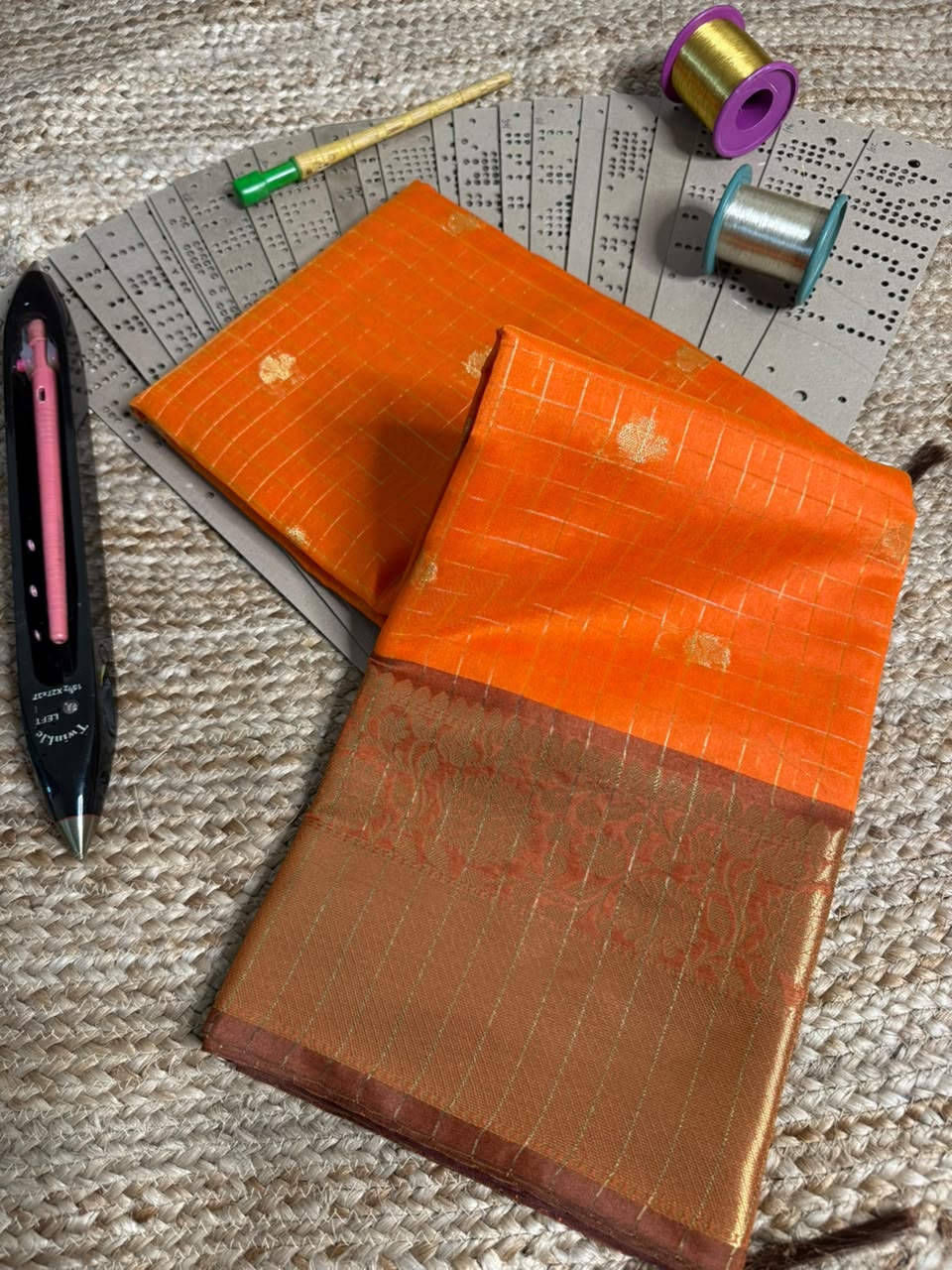 Bright Orange Checks Weave SoftSilk Banarasi Saree