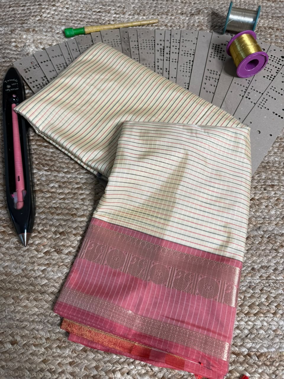 Cream checks weave Softsilk Banarasi saree