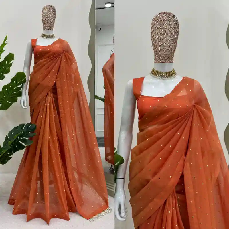 Rust Orange Shimmery Tissue Silk Designer Saree