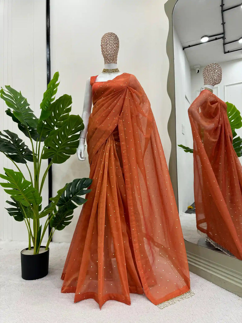 Rust Orange Shimmery Tissue Silk Designer Saree