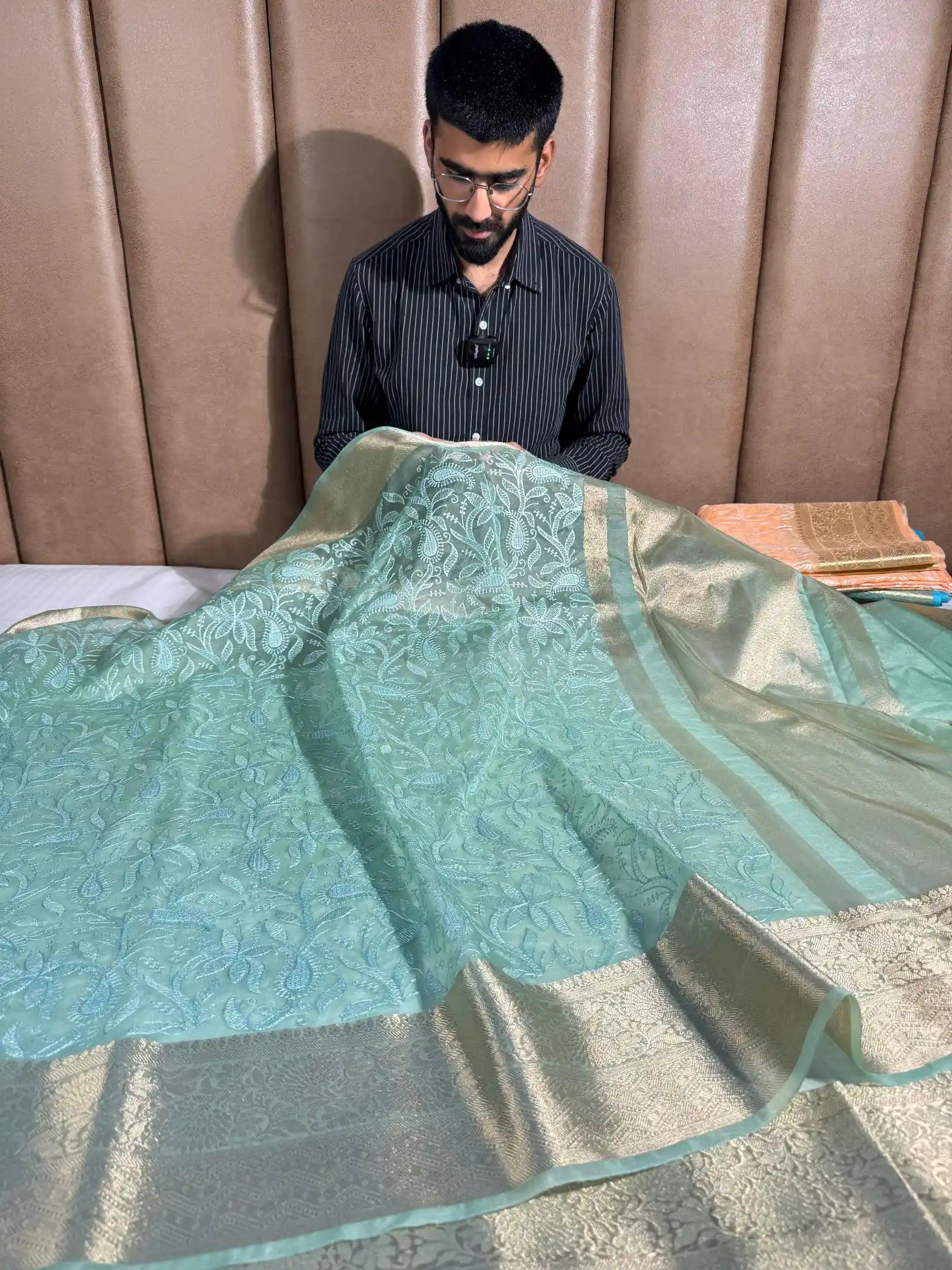 Sage Green Organza Silk Banarasi Chikankari Saree