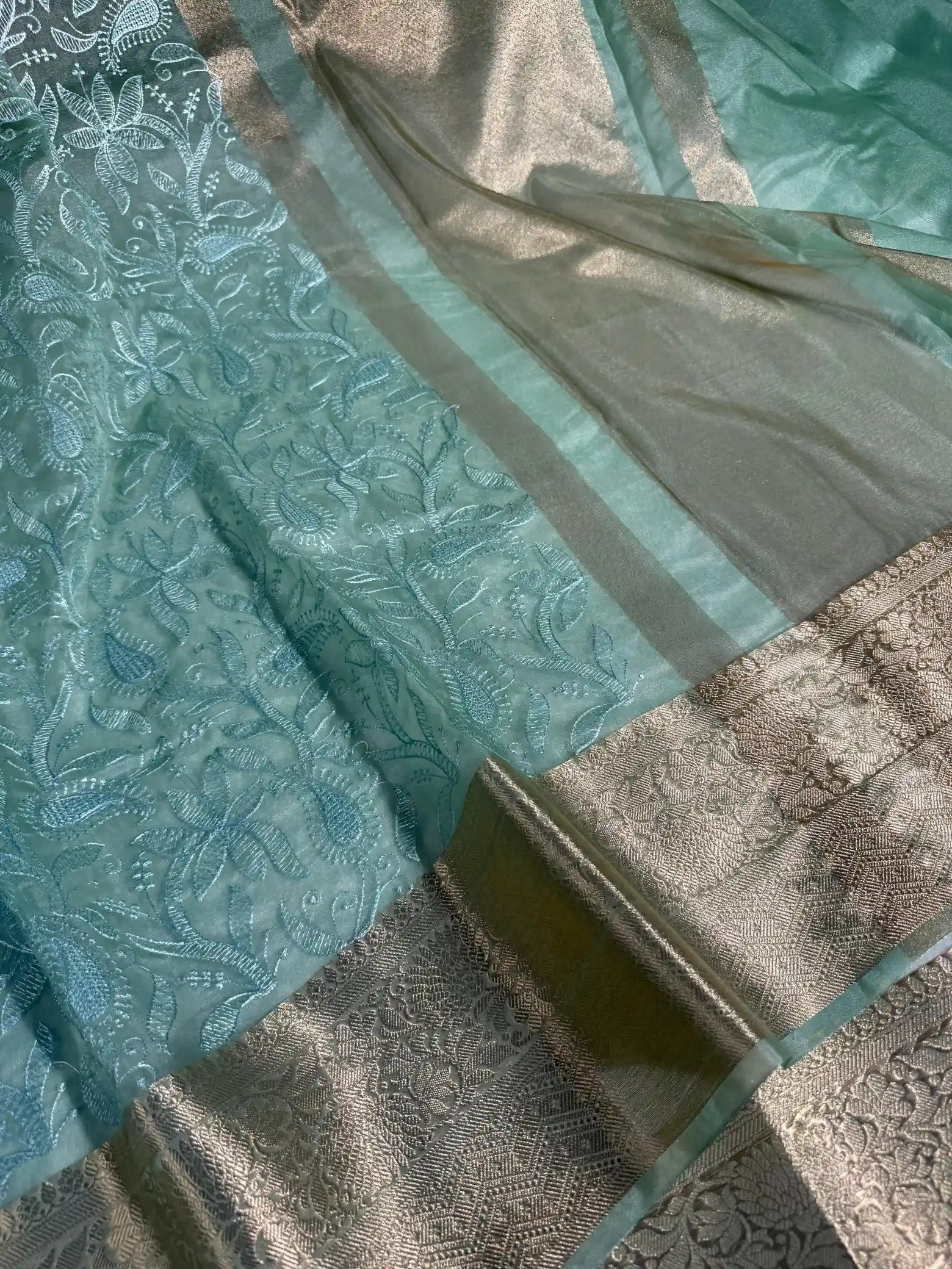 Sage Green Organza Silk Banarasi Chikankari Saree