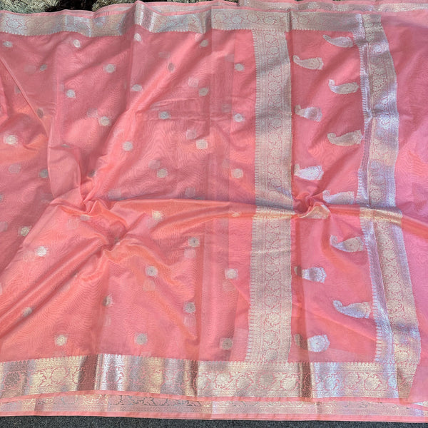 Salmon Pink Semi Georgette Khaddi Banarasi Saree