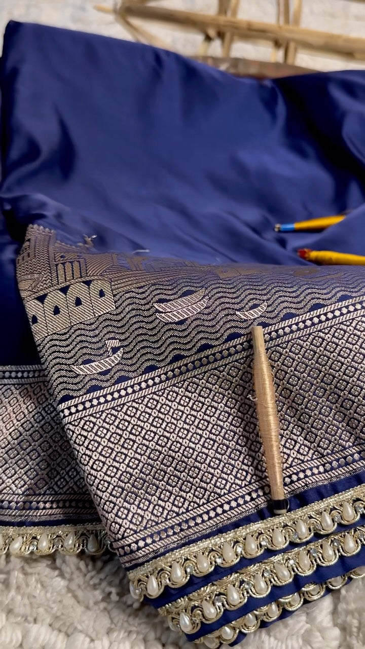 Navy Blue Mashru Katan Silk Banarasi Saree Lace Work Ghats Border
