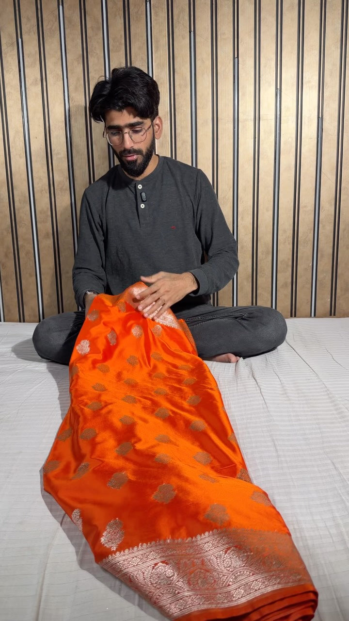 Bright Orange Shade Mashru Katan Silk Banarasi Saree Traditional Buta Weave