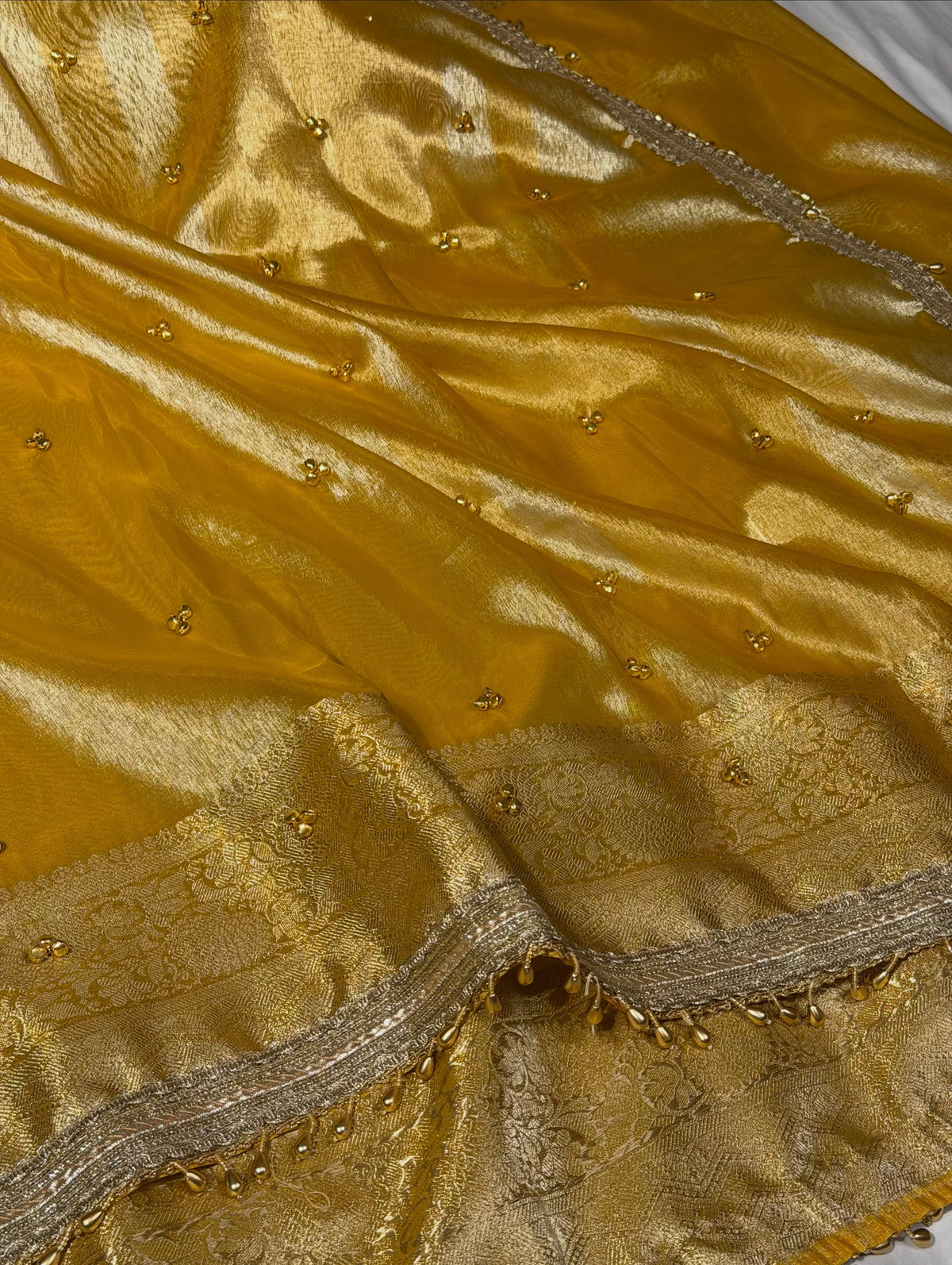 Metallic Yellow Kora Tissue Silk Hand Ghungroo Work Saree