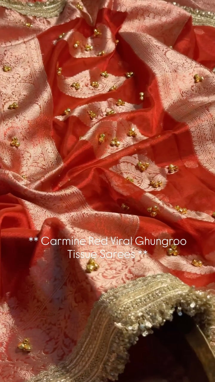 Carmine Red Shade Viral Ghungroo Saree Kora Tissue