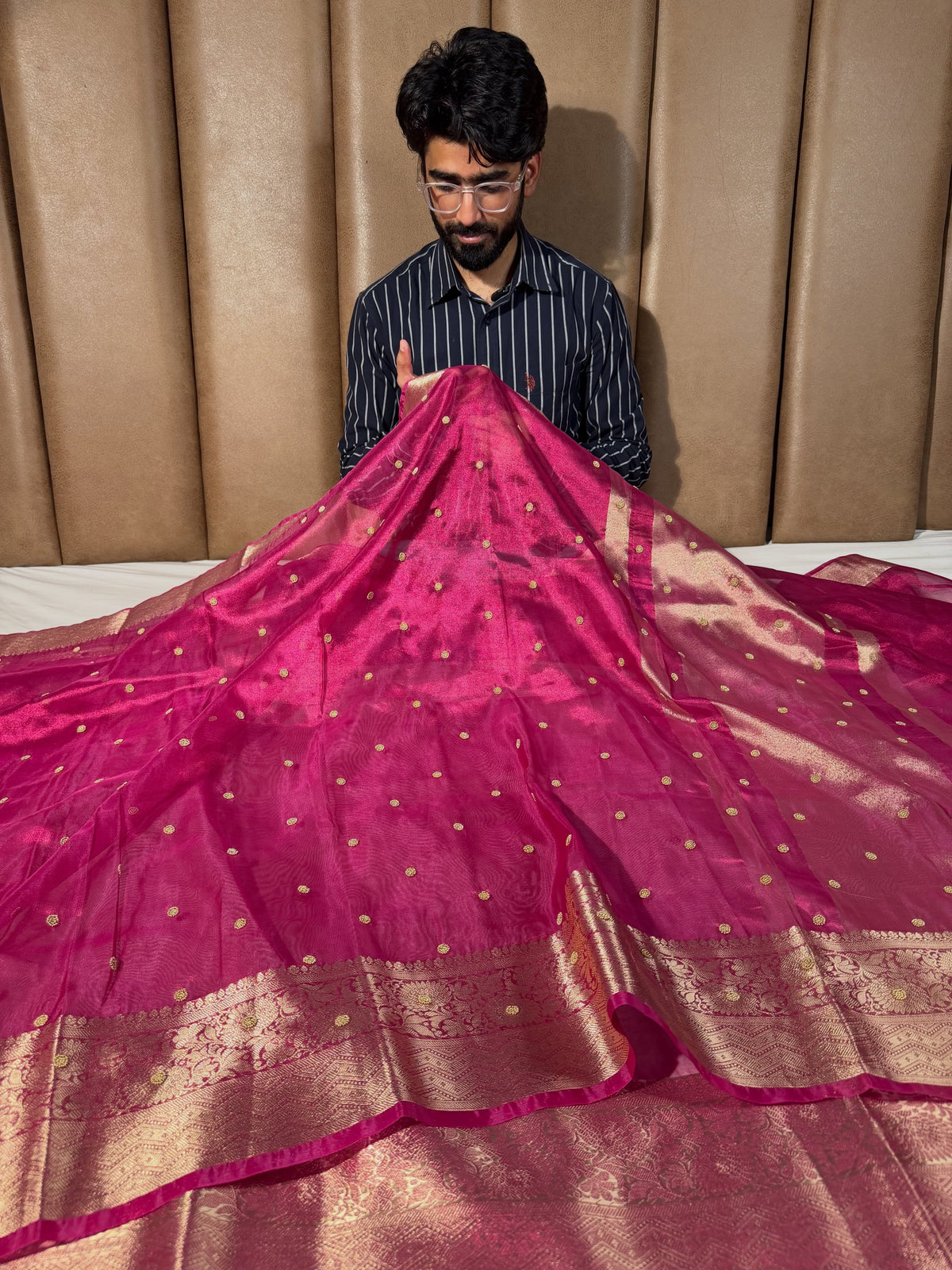 Metallic Rani Pink Kora Tissue Silk Handwork Banarasi Saree