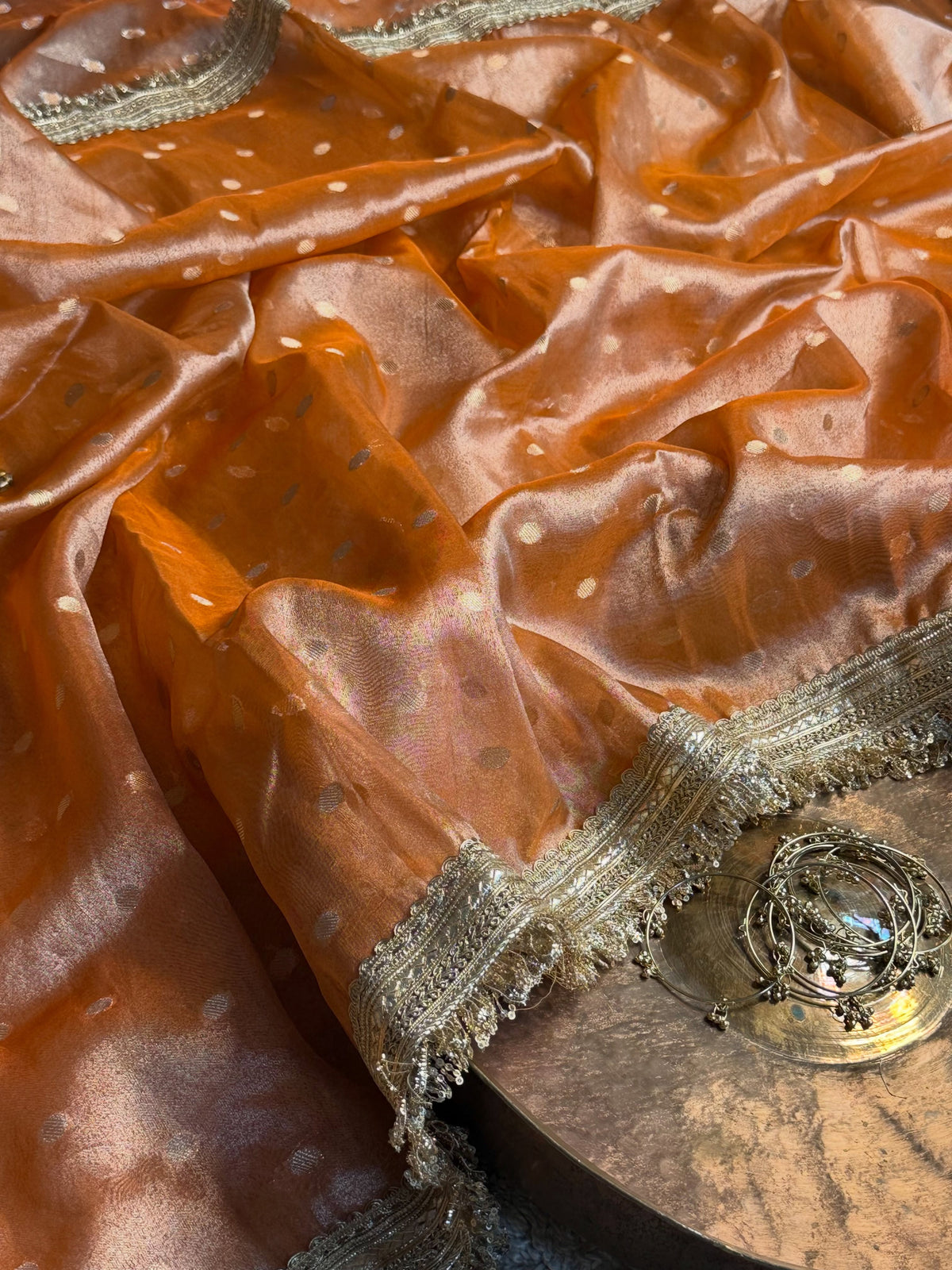 Metallic Orange Soft Tissue Silk Banarasi Saree
