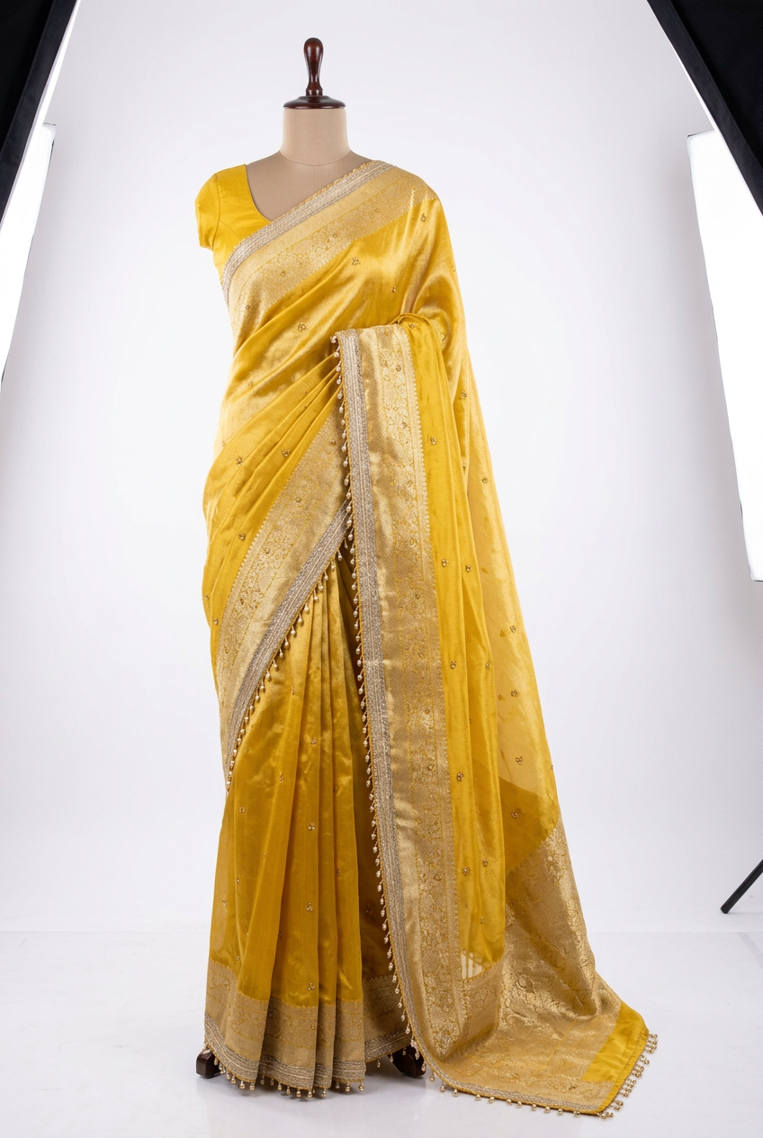 Metallic Yellow Kora Tissue Silk Hand Ghungroo Work Saree
