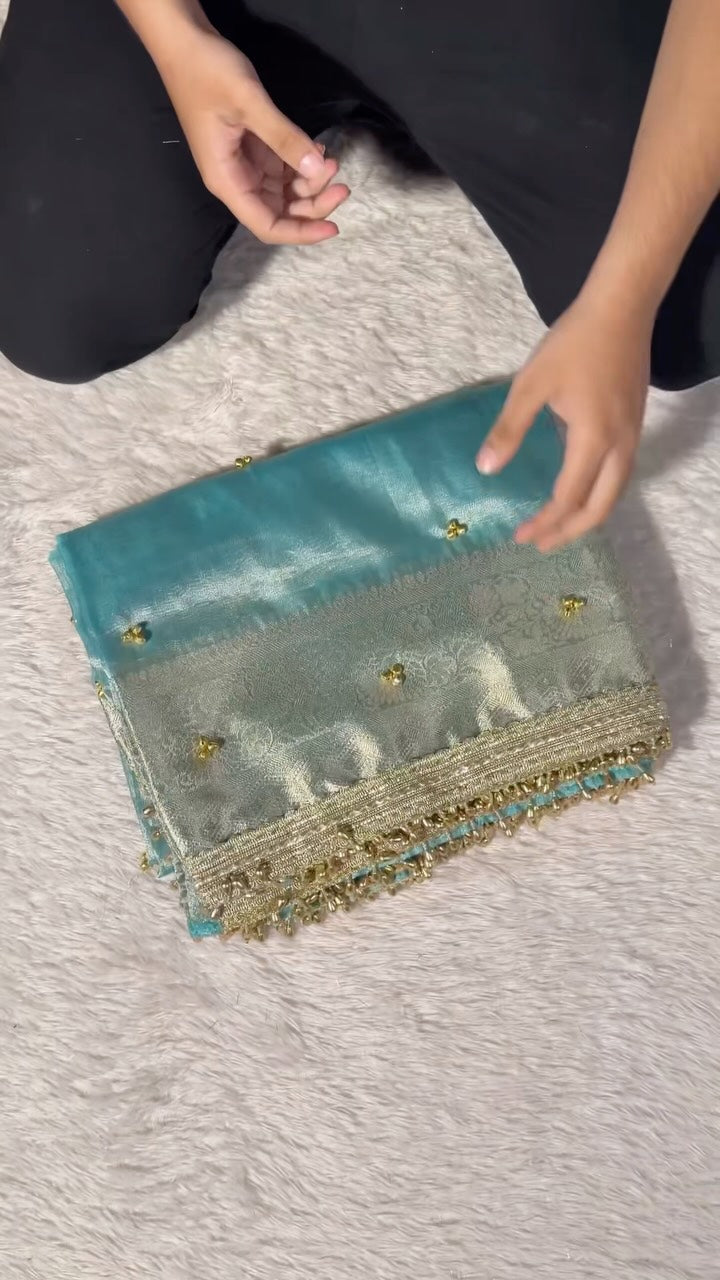 Metallic Sea Green Shade Kora Tissue Silk Banarasi Saree with Viral Ghungroo