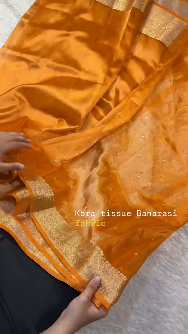 Metallic Orange Kora Tissue Silk Banarasi Saree with Mirror