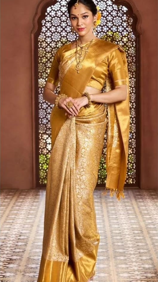 Light Golden Kanjeevaram Tissue Silk Resham Embossed Floral Banarasi Saree