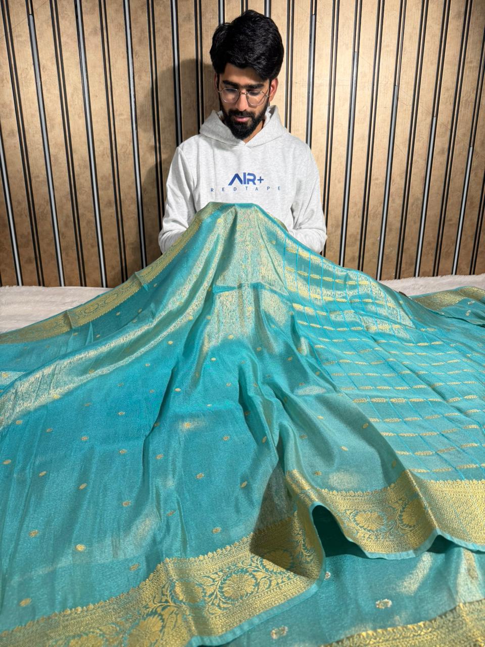 Sea Blue Breathable Tissue Silk Traditional Weave Banarasi Saree