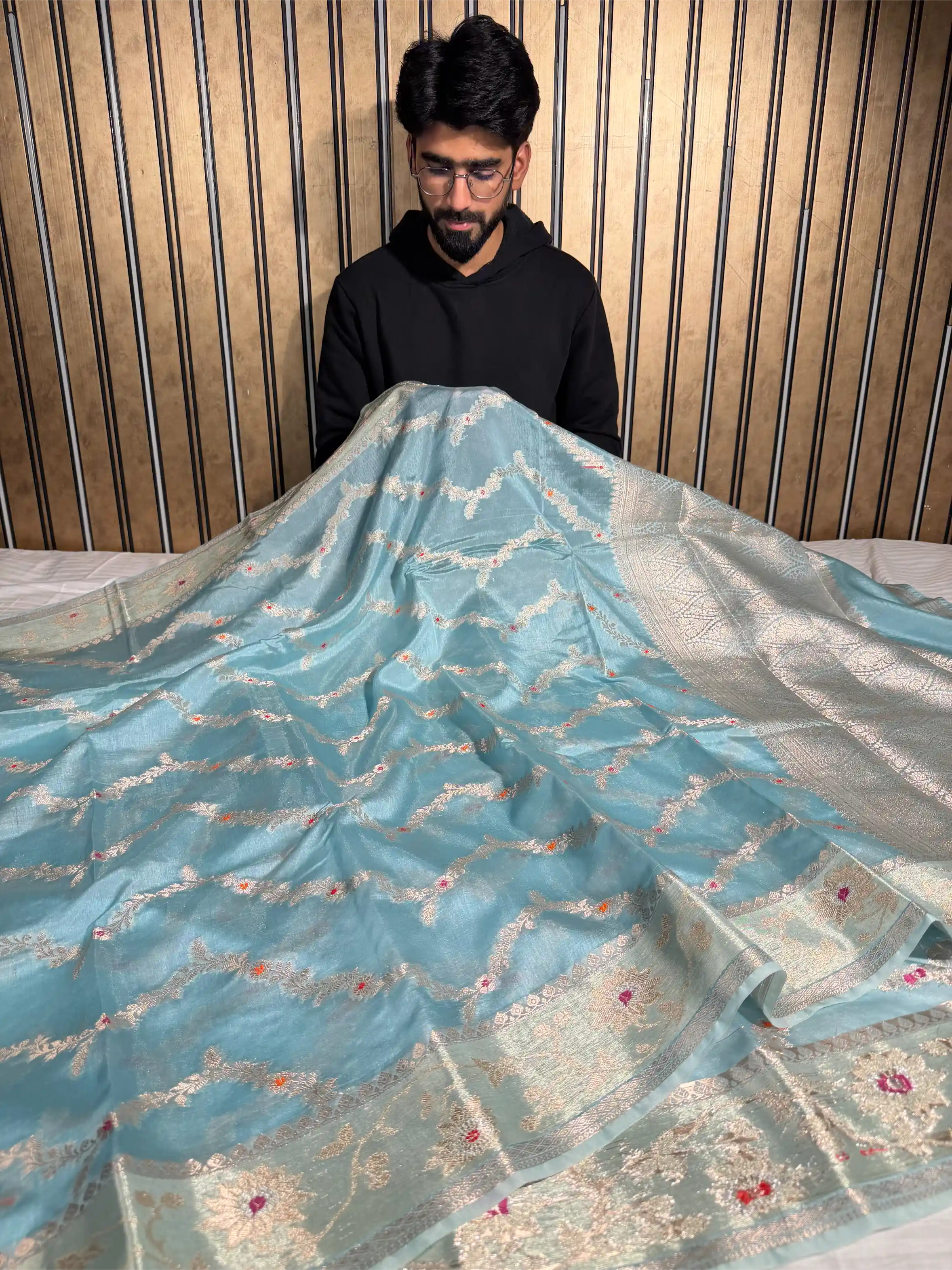 Sea Blue Chinia Silk Heritage Leheriya Meenakari Weave Banarasi Saree