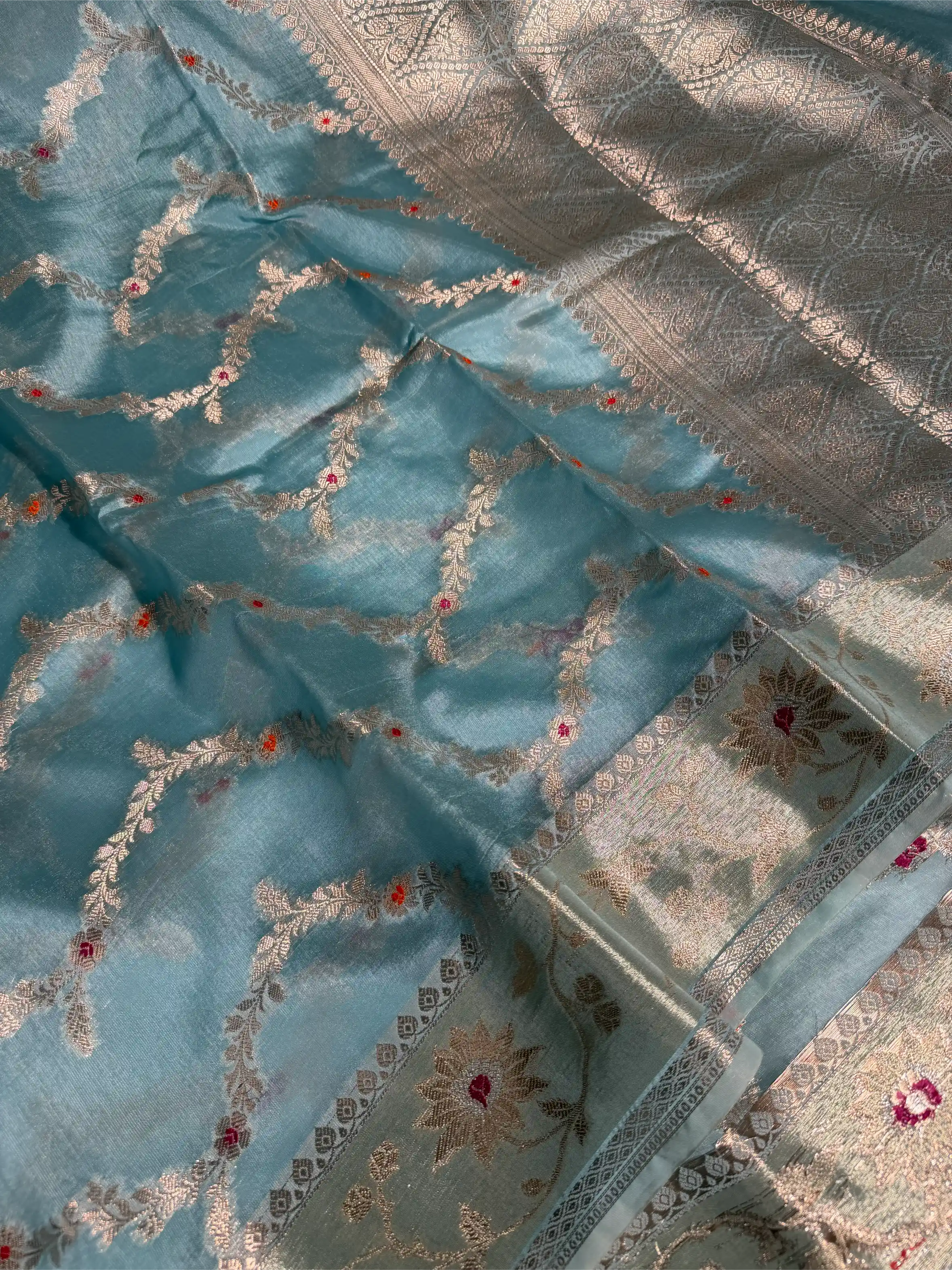 Sea Blue Chinia Silk Heritage Leheriya Meenakari Weave Banarasi Saree
