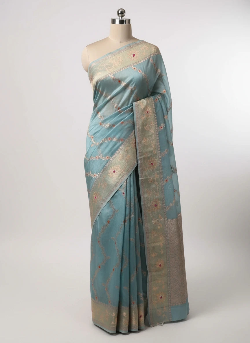 Sea Blue Chinia Silk Heritage Leheriya Meenakari Weave Banarasi Saree