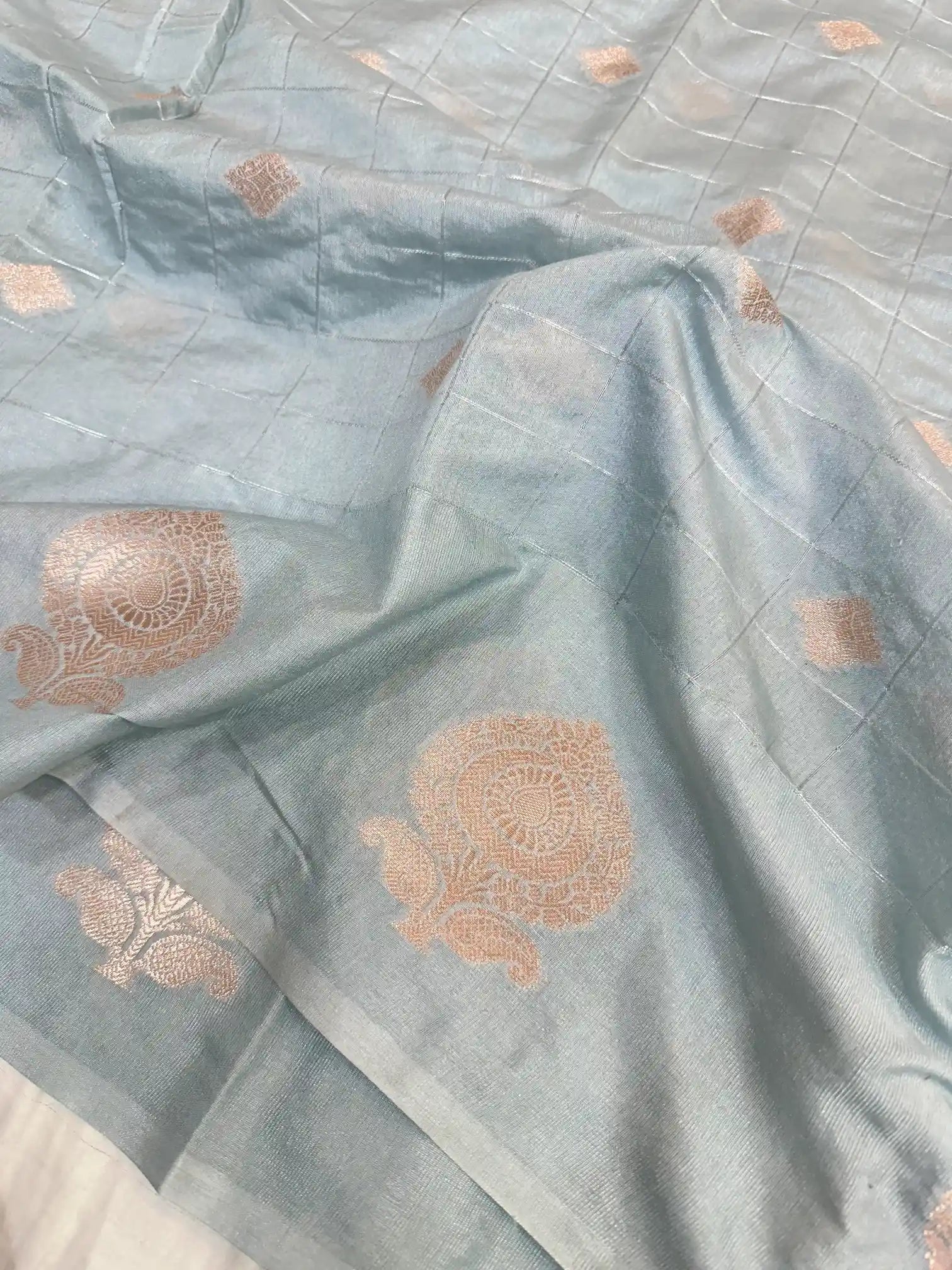 Sea Blue Chiniya Silk Checkered Weave Banarasi Saree
