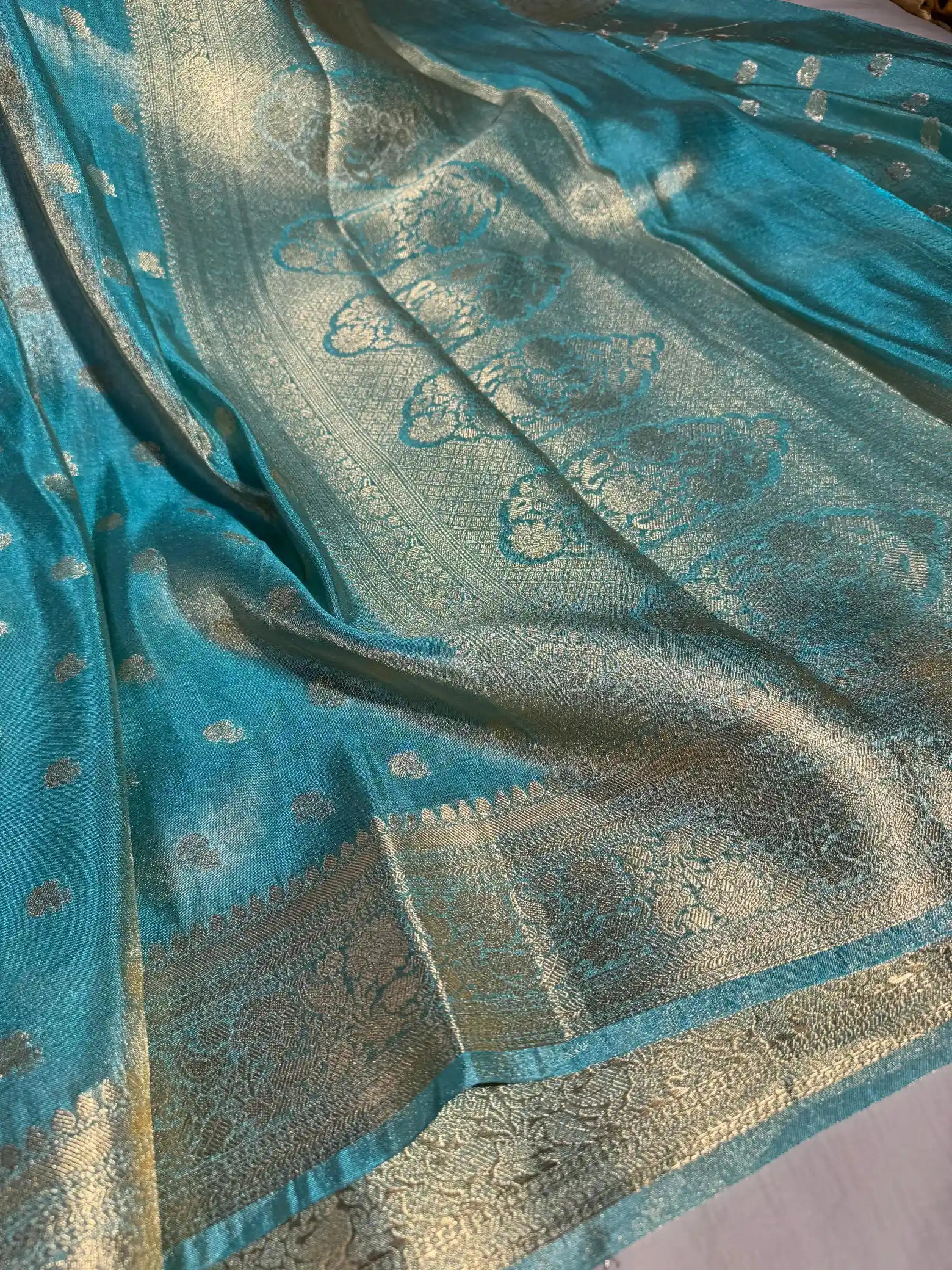 Sea Blue Lightweight Katan Tissue Silk Saree with Rich Pallu and Blouse